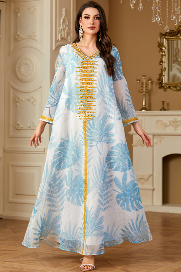 Printed V-Neck Embroidered Abaya