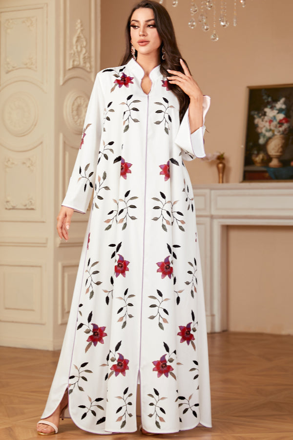 White Printed Abaya Dress
