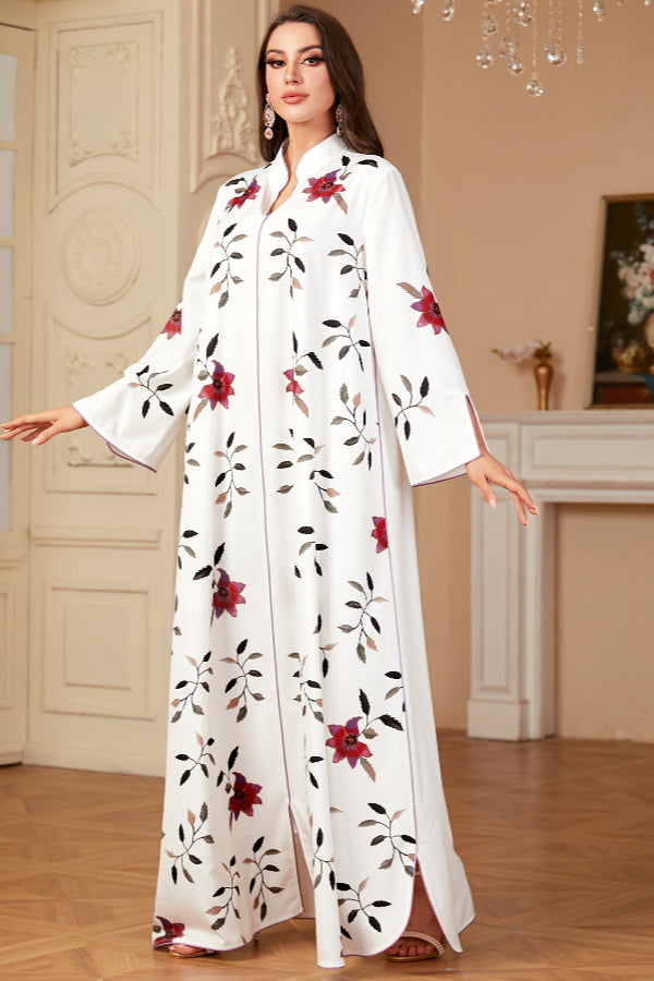 White Printed Abaya Dress