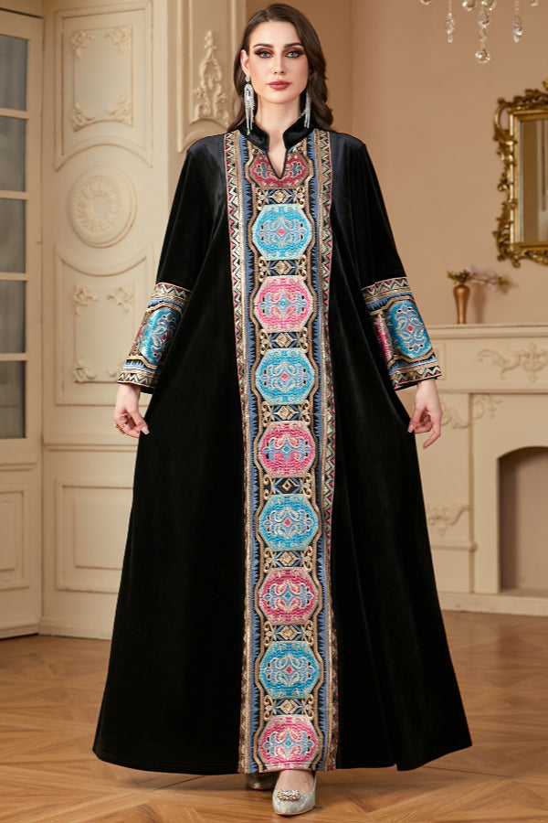 Velvet Embroidered Slit Dress