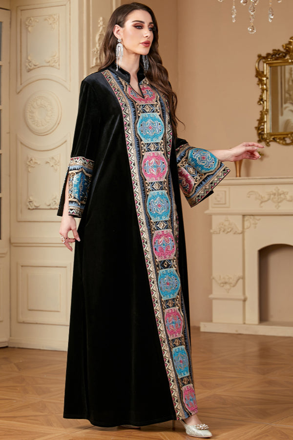 Velvet Embroidered Slit Dress