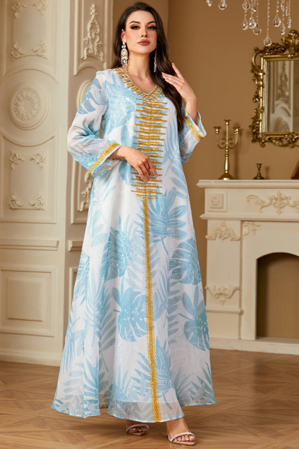 Printed V-Neck Embroidered Abaya