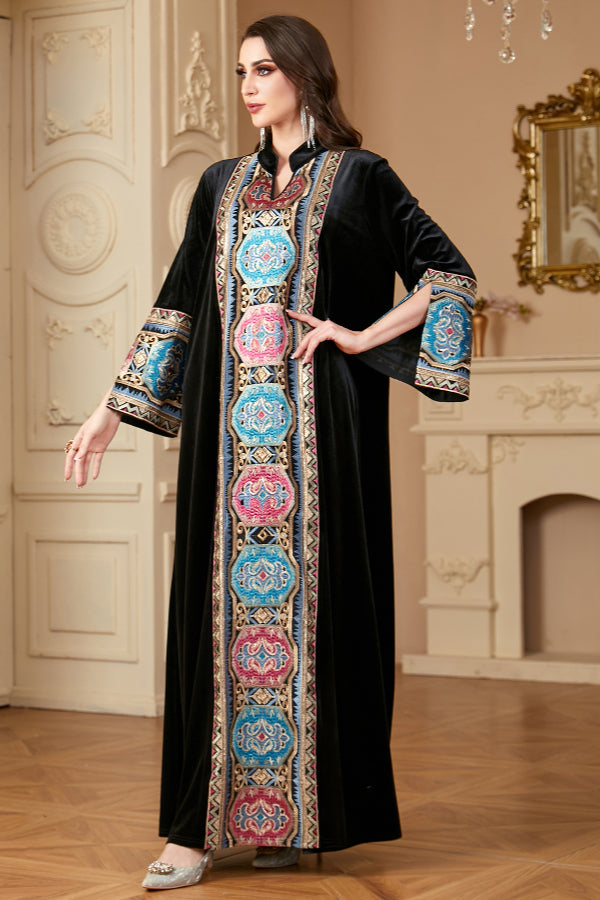 Velvet Embroidered Slit Dress