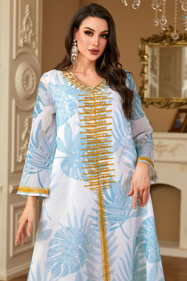 Printed V-Neck Embroidered Abaya