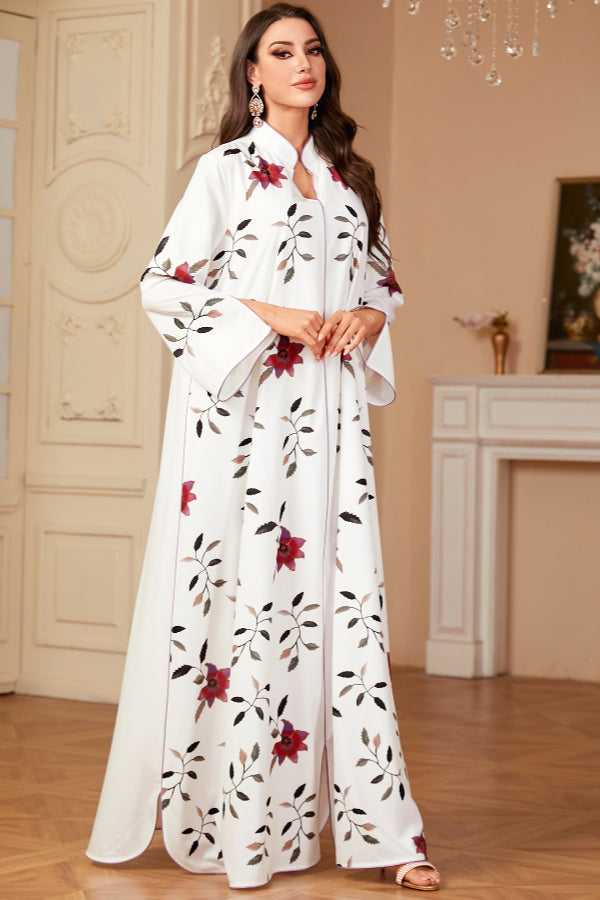 White Printed Abaya Dress