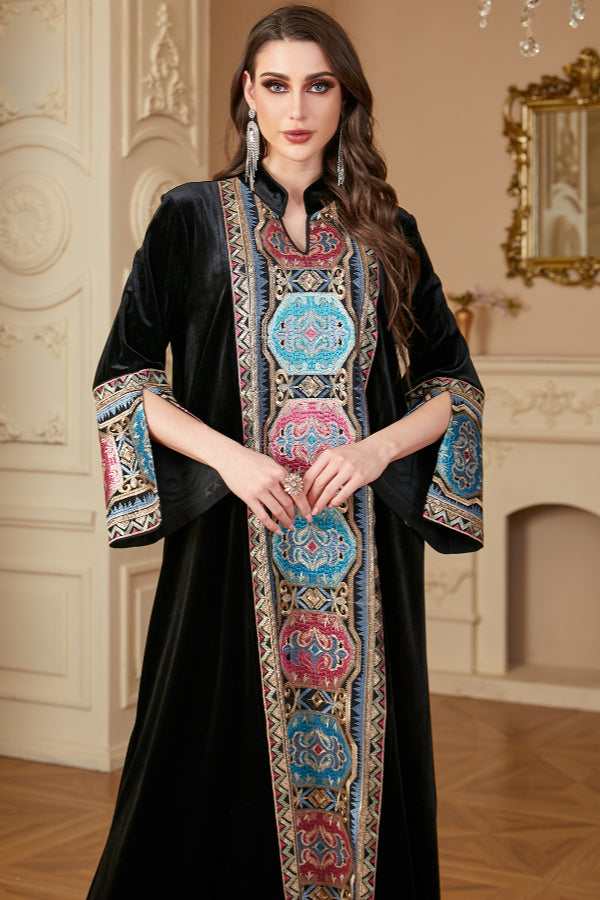 Velvet Embroidered Slit Dress