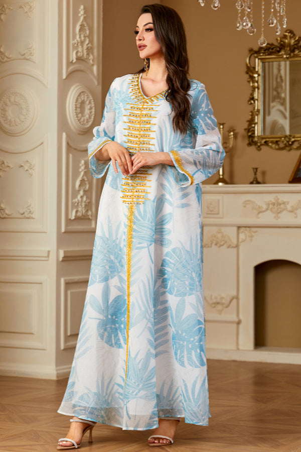 Printed V-Neck Embroidered Abaya