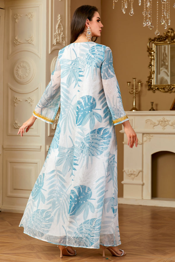 Printed V-Neck Embroidered Abaya