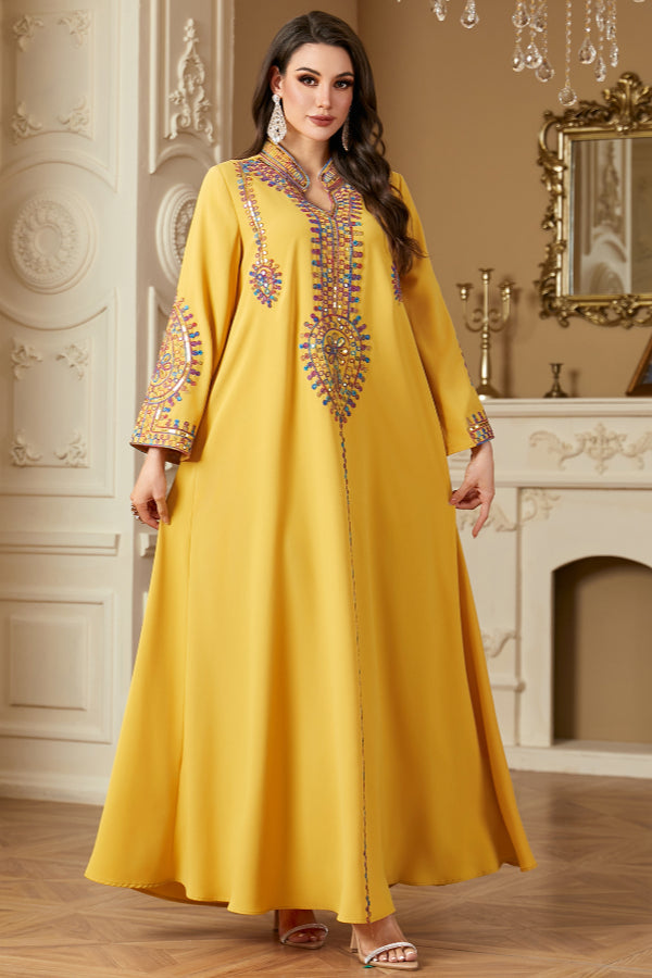 Embroidered Long Sleeve Abaya Dress