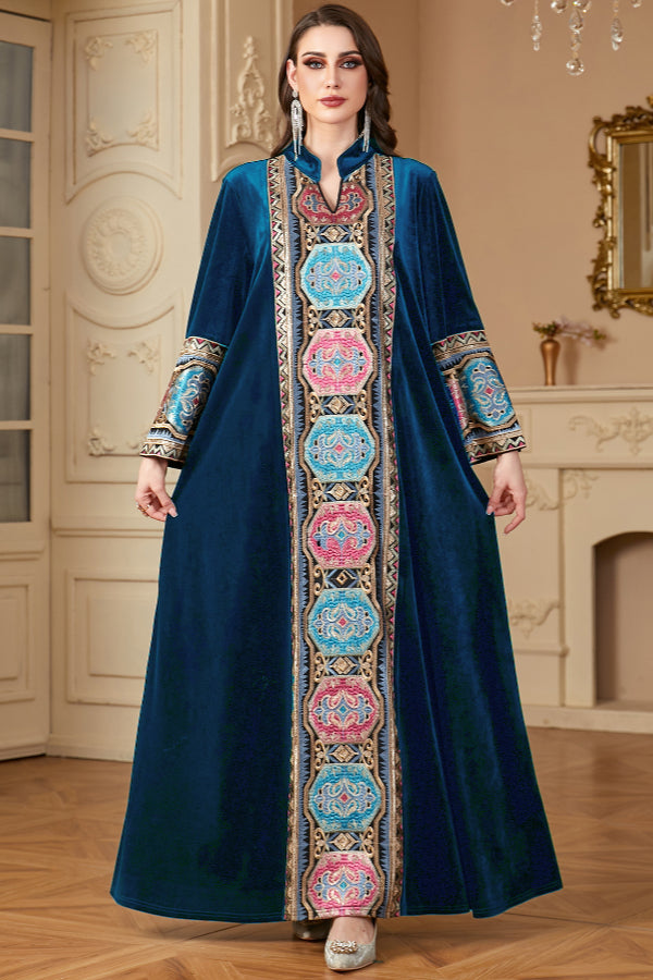 Velvet Embroidered Slit Dress