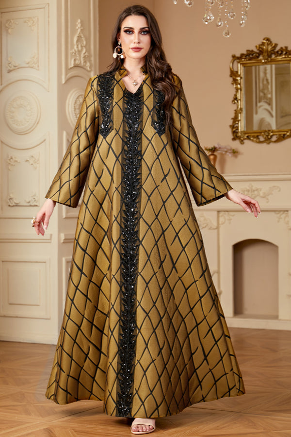 Jacquard V-Neck Abaya Dress