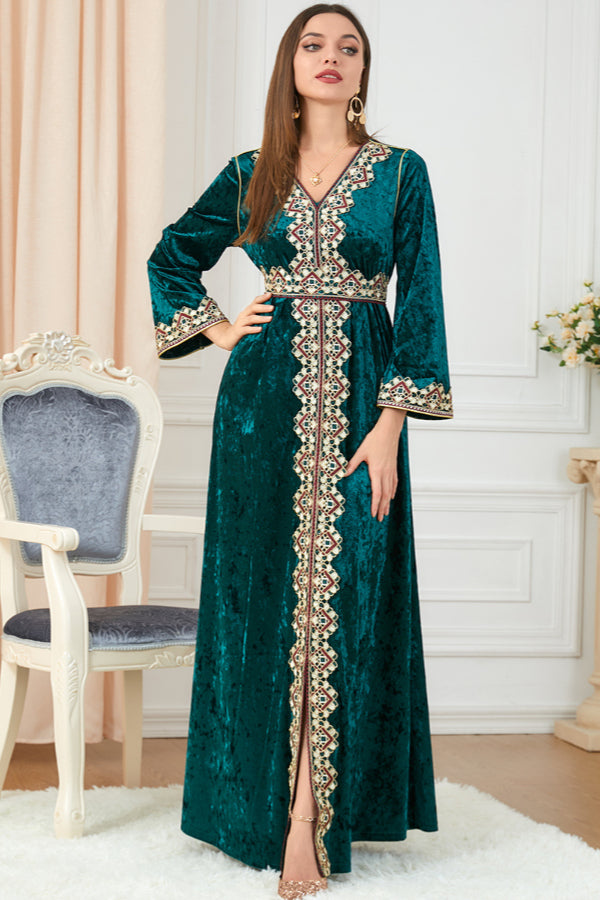 Velvet Embroidered Slit Dress