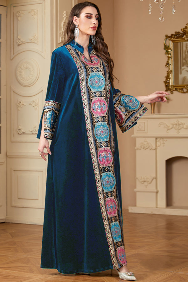 Velvet Embroidered Slit Dress