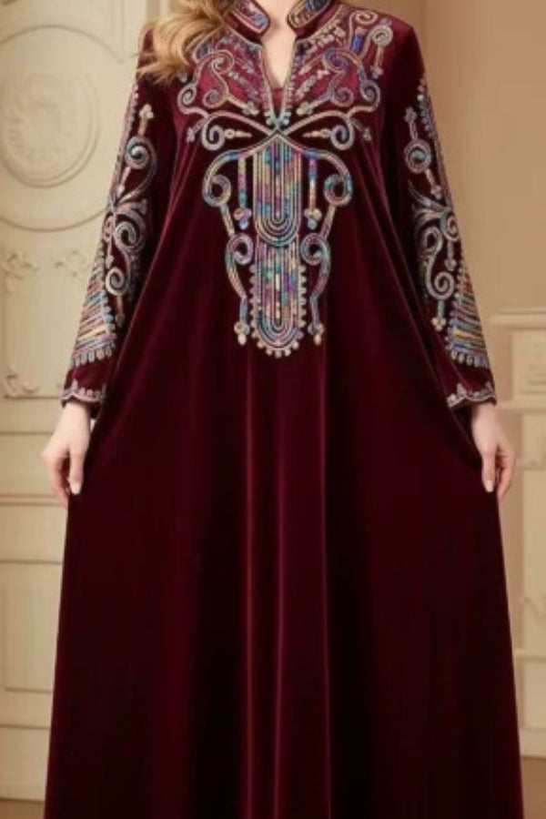 Velvet Embroidered Slit Dress