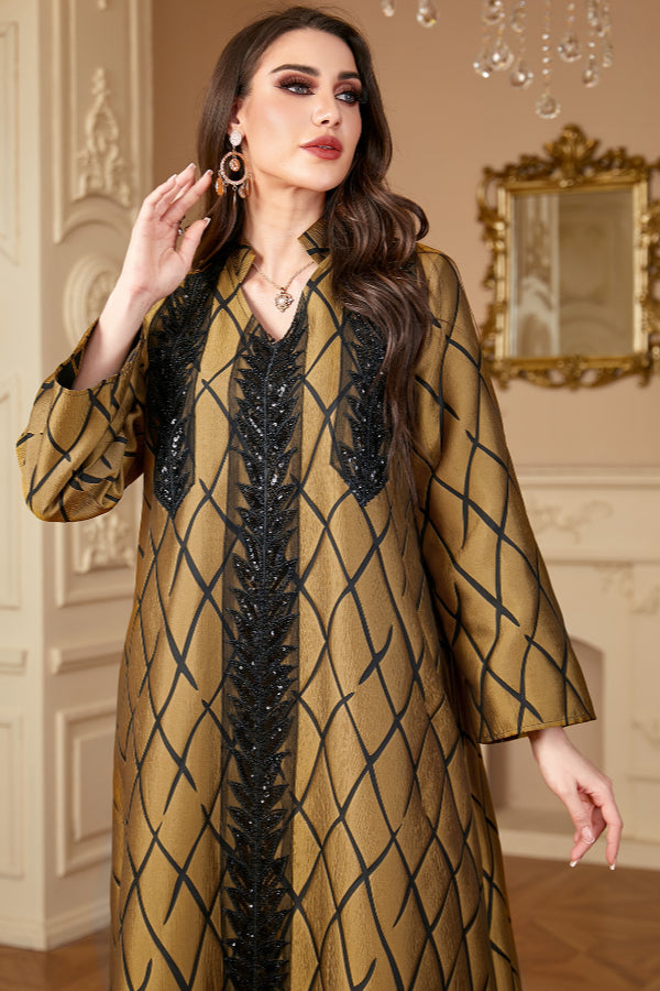 Jacquard V-Neck Abaya Dress