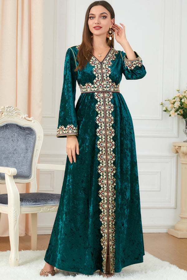Velvet Embroidered Slit Dress