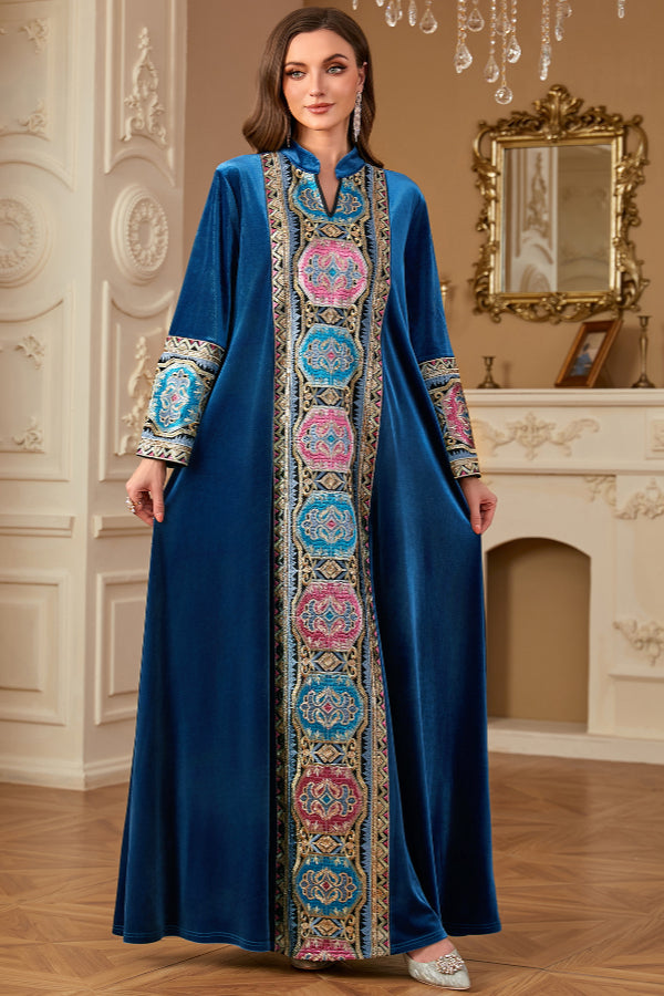 Velvet Embroidered Slit Dress