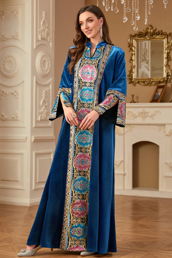 Velvet Embroidered Slit Dress