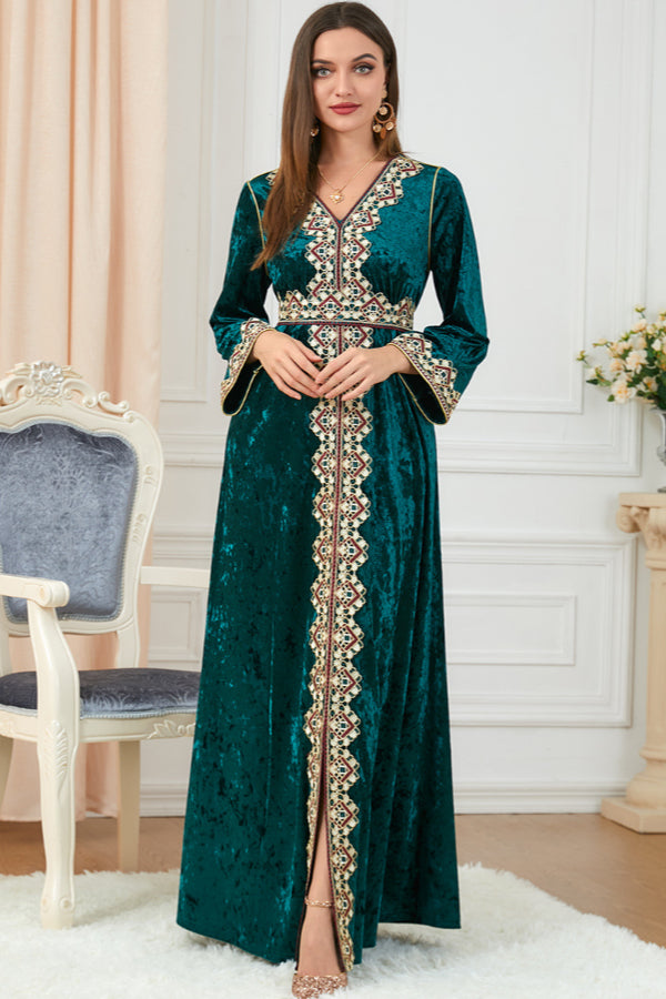 Velvet Embroidered Slit Dress