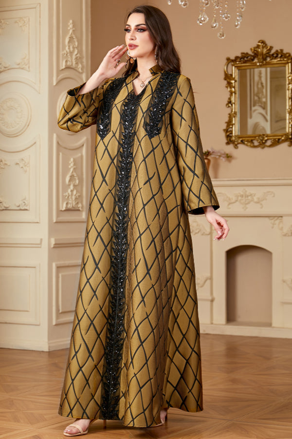 Jacquard V-Neck Abaya Dress