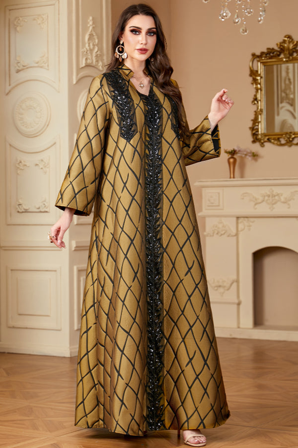 Jacquard V-Neck Abaya Dress