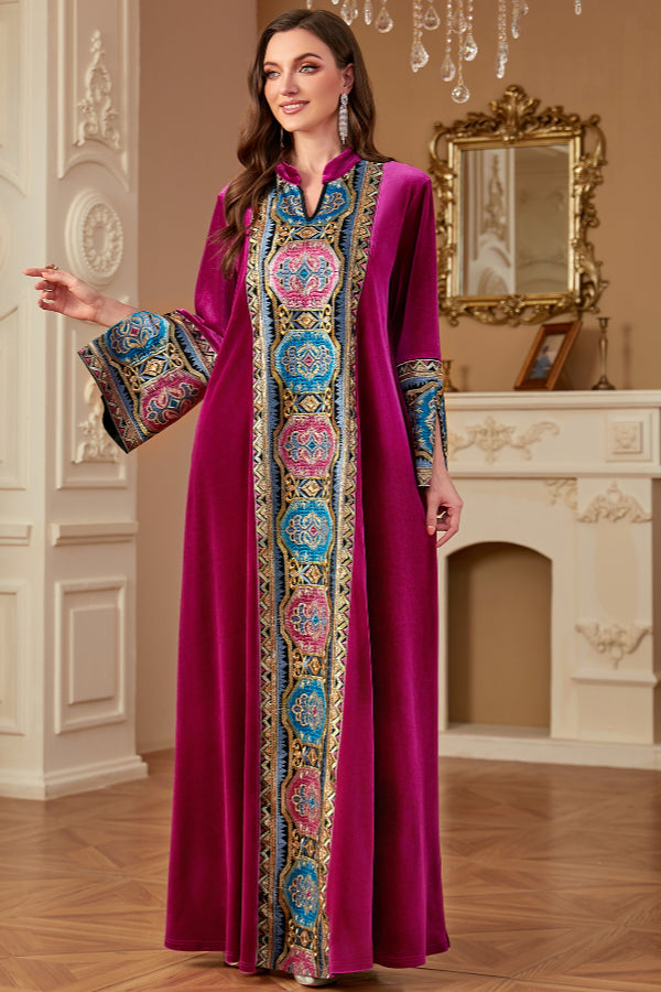 Velvet Embroidered Slit Dress