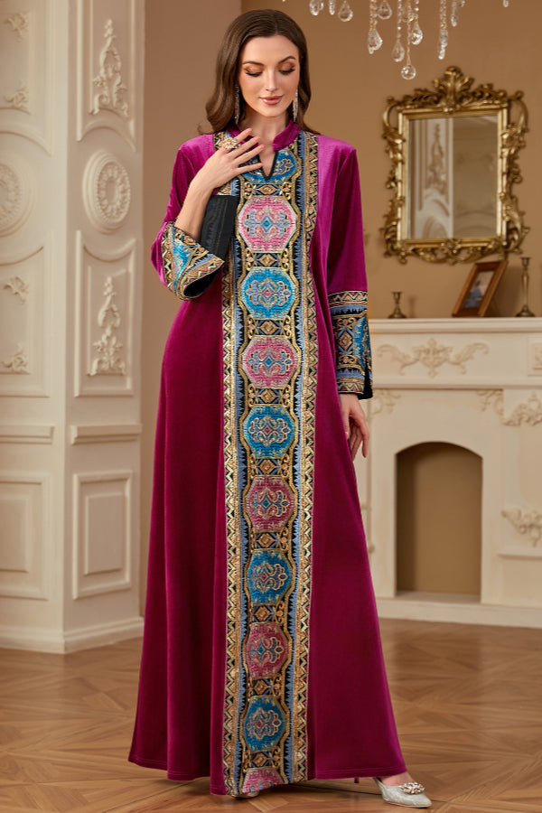 Velvet Embroidered Slit Dress