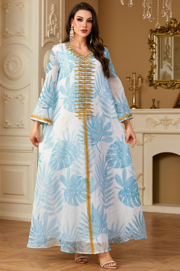 Printed V-Neck Embroidered Abaya