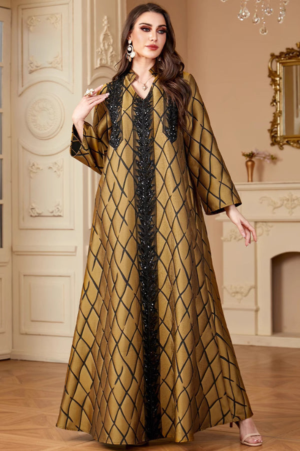 Jacquard V-Neck Abaya Dress