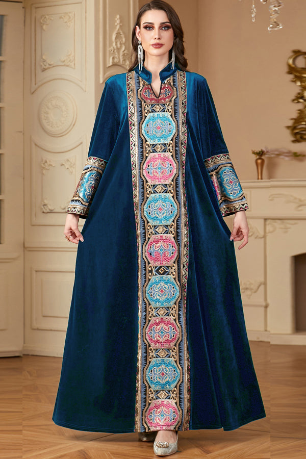 Velvet Embroidered Slit Dress